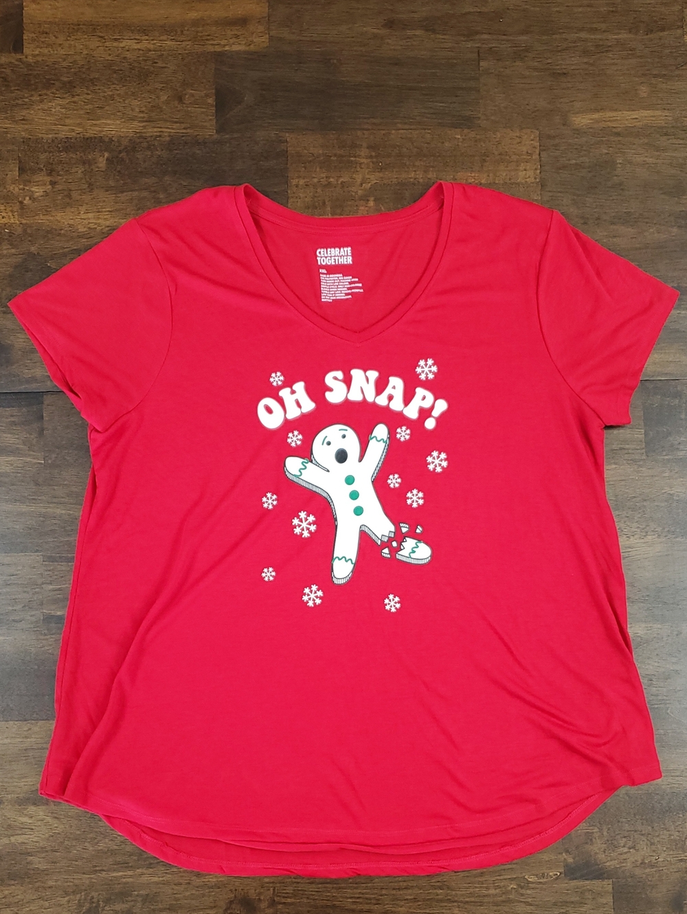 Oh Snap! Gingerbread Man V-Neck Red Short Sleeve Shirt Christmas Holiday